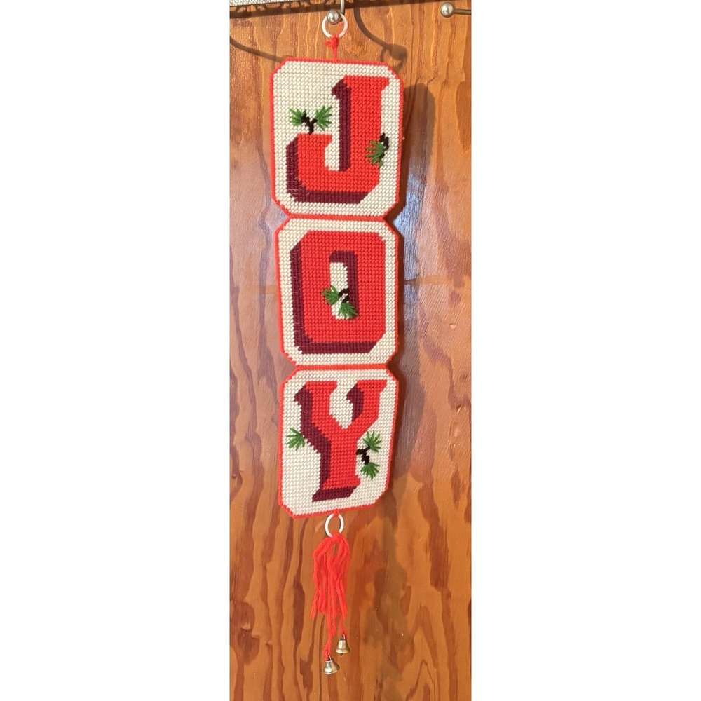 Vtg JOY Wall Hanging Christmas Holiday Yarn Door Decor 28" Tassel MCM Holly Sign